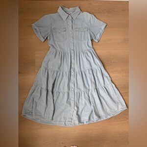 Light Wash Denim Tiered Midi Shirt Dress